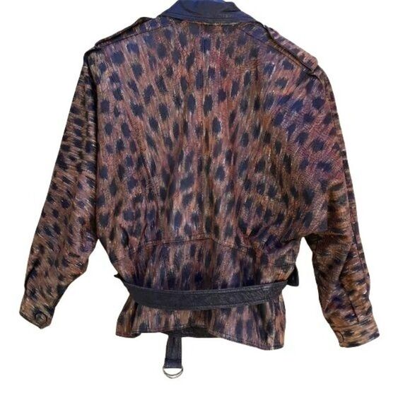 Vtg 80s Womens Jacket Leather Bomber Hand Painted Upcycled Wearable Art Animal M - Picture 2 of 8